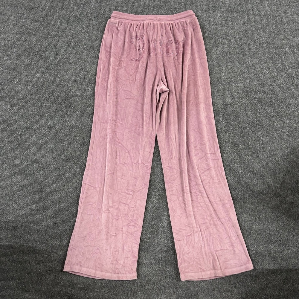 Juicy Couture Pants Womens Size M Pink Velour Wide Leg Rhinestone Logo Sleepwear - Picture 8 of 9